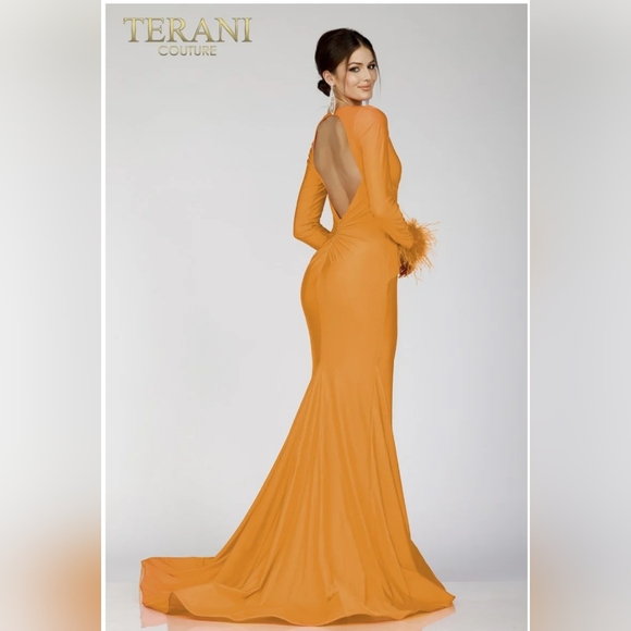 Terani Couture Vibrant Orange Long Sleeve Dress - Picture 2 of 3